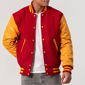 Veste de baseball vintage unisexe, corps en laine rouge, manches en simili cuir, veste bomber style Letterman, uniforme d'équipe scolaire, patchwork sur le devant - Product Image 4