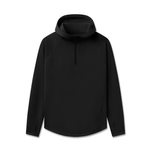 Sweat-shirt à capuche noir uni pour homme, col zippé, en polyester tricoté, coupe classique, respirant, idéal pour l'automne - Product Image 1