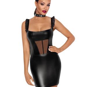 Mini-robe noire en PU pour femme, sans manches, moulante, col carré, dos nu, avec volants et découpes en résille, pour soirée et club - Product Image 3