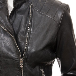 Women Genuine <b>Leather</b> Biker <b>Jacket</b> Fashion Motorcycle Coat OEM Supplier Full Sleeve Stand Collar Zipper Closure Solid Color - Product Image 5