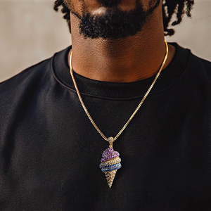 Collier pendentif cornet de glace coloré style hip-hop pour hommes et femmes, avec diamants simulés et moissanite, plaqué argent et or, style streetwear - Product Image 2