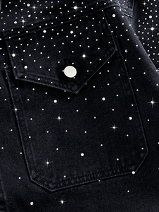 Chemise en jean à strass étoiles pour homme, motif galaxie céleste scintillante, noir délavé, manches courtes, coupe ample oversize, style streetwear, personnalisable OEM - Product Image 4