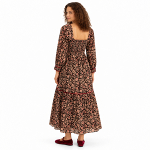 <b>Womens</b> Black Floral Print Henley Neck Tiered Midi <b>Dress</b> with Smocked Back Three Quarter Sleeves Pockets Organic Cotton Woven - Product Image 4