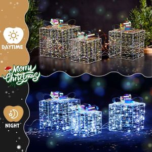 Set 3 Lighted Iridescent Gift Boxes 140 LED Warm White Lights Pre-Lit Nestable Present Boxes Ornament Stakes for Holiday Gifting - Product Image 5