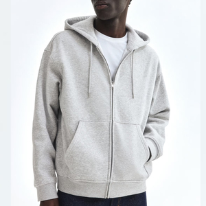 Sudadera con Capucha y Cierre de Cremallera para Hombre, Color Gris Claro, Corte Regular, Informal, Tejido de Algodón, Color Sólido, Transpirable, para Otoño - Product Image 3