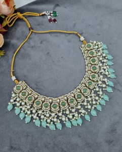 Handcrafted Round Stone Heavy Choker Necklace With Earrings And Mangtika Traditional Ethnic Designer Fashion Jewellery Wholesale - Product Image 3