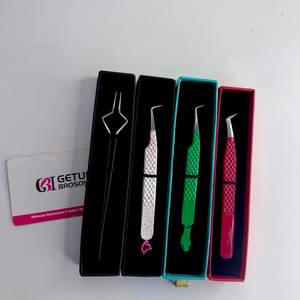 Logo personnalisé rouge | Vert | Blanc | Pince à épiler pour extensions de cils, revêtement en poudre noire, texture diamant, vente en gros, ensemble d'isolation pour volume - Product Image 6