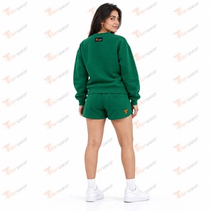 Conjunto Deportivo de 2 Piezas para Mujer, Color Verde Sólido, Sudadera y Pantalones Cortos, Cuello Redondo, Corte Regular, Estilo Casual, Ropa Urbana de Otoño, Secado Rápido, 100% Algodón - Product Image 6