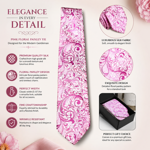 Corbata de Seda con Diseño Floral Paisley Rosa para Hombre |   Corbata de Diseño de Lujo |   Elegante Corbata Formal para Bodas, Fiestas y Negocios, Regalo para Caballeros - Product Image 5