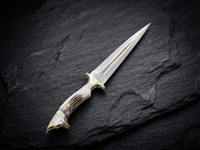 Couteau de chasse à lame fixe en acier au carbone fait main, pointe tombante, avec manche en os et accessoires en laiton, 14 pouces, pour extérieur, DIY, OEM