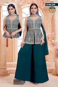 Conjunto de Kurti Peplum Bordado en Verde Azulado con Pantalones Palazzo de Pierna Ancha y Dupatta para Mujer, Ideal para Bodas y Fiestas - Product Image 2