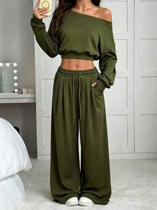 Conjunto de Sudadera Corta con Hombros Descubiertos y Pantalones Anchos de Felpa de Algodón Grueso para Mujer, Estilo Otoñal, OEM - Product Image 5