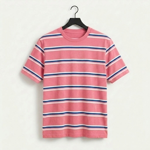 T-shirt décontracté élégant à rayures multiples, manches courtes, col rond, coupe classique confortable, pour tous les jours, été, unisexe, 100% biologique - Product Image 5