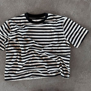 Men's Striped Cotton T-Shirt Short Sleeve O-Neck Casual Crop Fit Regular Knitted Black <b>White</b> Patterned Top - Product Image 3