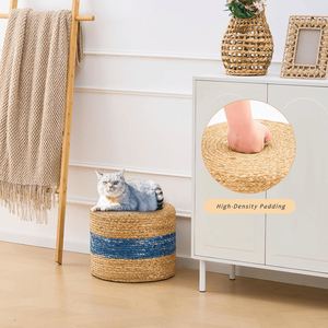 Handmade Blue Woven Foot <b>Stool</b> Natural Water Hyacinth <b>Ottoman</b> for Home Decor & Seating - Product Image 5