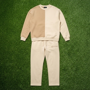 Men Beige Two Tone Sweatshirt <b>Jogger</b> <b>Set</b> Crewneck Contrast Panel <b>Matching</b> Two Piece Tracksuit Streetwear Outfit - Product Image 6