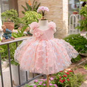 39 <b>Girls</b> Pink Butterfly Tulle <b>Princess</b> <b>Dress</b> with Multicolor Mini Butterflies, Floral Bodice Details and Large Back Butterfly - Product Image 1