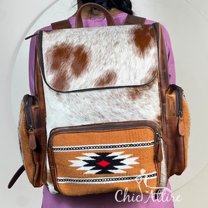 Sac à dos de rangement en cuir de vachette véritable à motif aztèque, nouveau style selle, grande capacité, pour ordinateur portable, voyage et rangement - Product Image 1