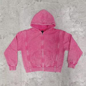 Sweat à capuche zippé Streetwear Designer personnalisé, en coton épais, coupe oversize, délavé à l'acide, effet vieilli, brodé de strass - Product Image 1