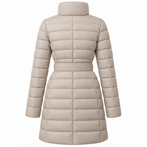 <b>Belted</b> Long Puffer <b>Coat</b> for <b>Women</b> High Collar Quilted Winter Outerwear with Flap Pockets Elegant Waist Fit Custom Wholesale OEM - Product Image 2