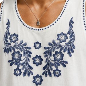 <b>White</b> <b>Men</b> Sleeveless Tank Top With Floral Embroidery Design Summer Casual <b>Vest</b> Gym Fitness Muscle Shirt Cotton Beach Wear - Product Image 6