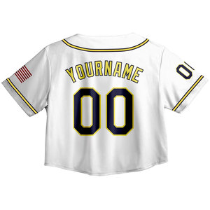 Crop top de baseball personnalisé pour femme, avec nom, numéro et logo d'équipe nationale, en jersey léger blanc à col en V et manches courtes - Product Image 4