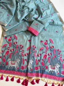 Sari Reglance en soie Chanderi avec bordure Kalamkari, broderie Zari dorée, art indien traditionnel, jacquard, sans plis, fait main - Product Image 6