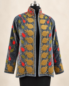 Suzani Grey <b>Velvet</b> Embroidered <b>Jacket</b> for <b>Women</b> Elegant Floral Threadwork Ethnic Open Front Winter Fashion Party Wear Wholesale - Product Image 1
