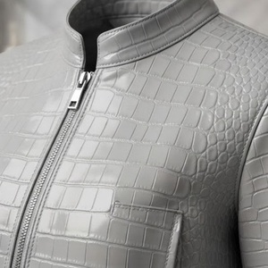 Blouson Moto Femme en Cuir PU Gris Gaufré Crocodile, Col Montant, Manches Longues, Longueur Standard, Fermeture Éclair, Automne - Product Image 6