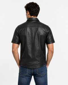 <b>Men</b>’s Premium Genuine Cowhide Leather Short Sleeve Button Down <b>Shirt</b> Black Classic <b>Collar</b> Chest Pocket Fashion Leather <b>Shirt</b> - Product Image 4