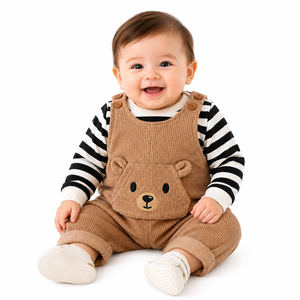 Conjunto de overol de pana para bebé con oso bordado, mono de manga larga a rayas, pantalones con babero de dibujos animados, informal, de invierno, unisex, con broches a presión - Product Image 1