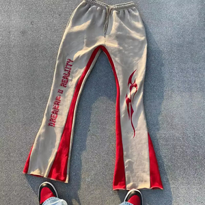 Trousers Custom Men's Vintage Trousers Casual Wide Leg Rhinestone Pants With Distressed Flared Design Made Fleece <b>Jogger</b> Fabric - Product Image 3