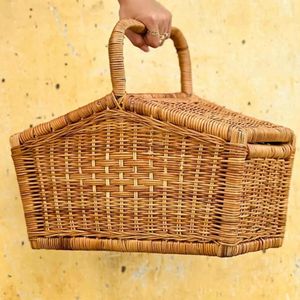 Best Quality Woven Rattan Picnic <b>Basket</b> with Top Lid Durable <b>Handle</b> Natural Storage Box for Outdoor Use Handmade Indonesia - Product Image 4