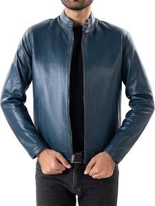 Chaqueta de Cuero Genuino para Hombre, Cuello Alto, Cierre Frontal con Cremallera, Color Azul Oscuro, Corte Ajustado, Prendas en Colores de Moda, Precio al por Mayor - Product Image 3