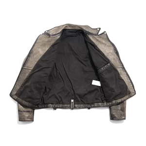 Custom Men's <b>Vintage</b> Washed Cowhide <b>Biker</b> <b>Jacket</b> Asymmetric Pockets Turn-Down Collar Oversized Retro Motorcycle Leather Coat - Product Image 3