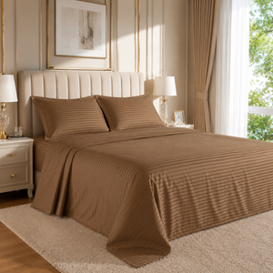 Premium Mocha Brown 100% Cotton Bedsheet Elegant Striped <b>Bedding</b> <b>Set</b> Soft Breathable Hotel Collection for Everyday Luxury Living - Product Image 1