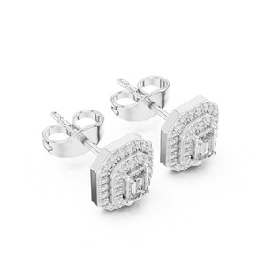 Pendientes de tuerca con corte esmeralda de primera calidad, oro macizo de 14 quilates, pendientes de moda para mujer, joyería de diamantes cultivados en laboratorio con piedra lateral redonda - Product Image 2