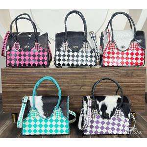 Sac fourre-tout de luxe vintage élégant en cuir de vachette véritable, noir et blanc à carreaux, sac à bandoulière et sac à main pour femme - Product Image 1