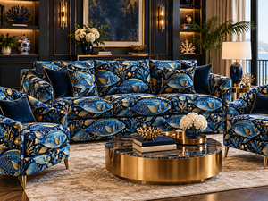 Tela de Terciopelo con Diseño de Peces Azules y Dorados, para Tapicería de Muebles y Decoración del Hogar - Product Image 1