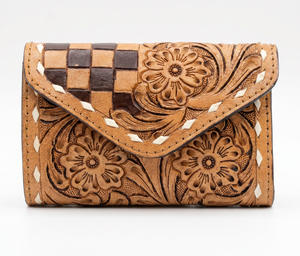 Handmade Genuine Leather Tri-Fold <b>Wallet</b> With Embossed Floral & Checkered Pattern Vintage Style Women's Short <b>Card</b> <b>Holder</b> <b>Wallet</b> - Product Image 1