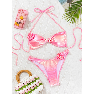 Conjunto de bikini deportivo triangular para mujer, traje de baño de dos piezas, top acolchado push-up, parte inferior ajustable para el verano - Product Image 6