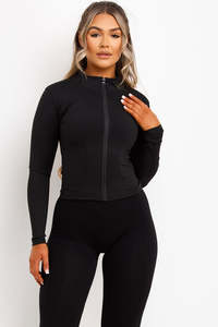 Black Full Length Sleeve Stand Neck <b>Zipper</b> Front Yoga <b>Top</b> With Pockets Solid Color Active Stretch Sportswear - Product Image 2
