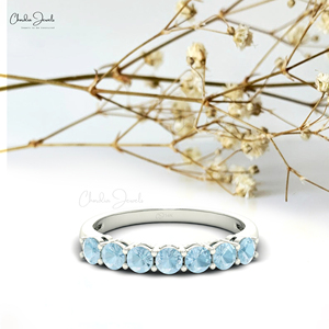 Anillo de compromiso y boda de media eternidad con gema de aguamarina de corte redondo de 3 mm, en oro blanco macizo de 14k, de moda. - Product Image 4