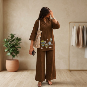 Ensemble Kurta en coton marron pour femme avec broderie montgolfière, tenue décontractée printemps-été pour le quotidien - Product Image 2