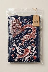 Kaos Pria Lengan Pendek Biru Dongker Kerah O Gaya Jepang dengan Cetakan Naga Ikan Koi 100% Poliester Bernapas - Product Image 5