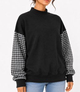 Sudadera Oversize de Cuello Alto para Mujer, Personalizada por el Fabricante, con Bordado de Letras en Gingham y Mangas con Patchwork, Estilo Casual - Product Image 6