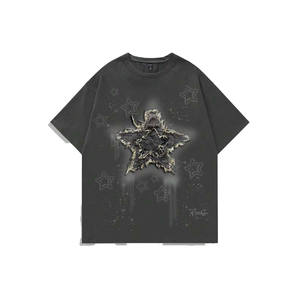 Custom Applique <b>Patchwork</b> Star Men’s <b>Shirts</b> Distressed Cotton Oversized Tshirts for Men Streetwear Graphic Custom Logo 240GSM - Product Image 1