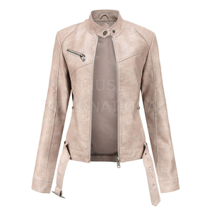 Women's Beige PU Leather Moto <b>Jacket</b> Full Sleeve Stand Collar Zipper Closure Belted Design Autumn Style - Product Image 3