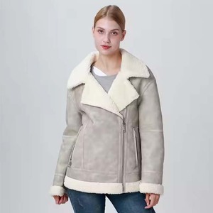 Women Shearling Bomber <b>Jacket</b> With Fur Trim Zipper Closure Winter Warm Coat Full Sleeve <b>Suede</b> <b>Leather</b> Style - Product Image 4