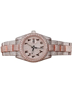 Nouvelle montre de haute qualité personnalisée, mouvement antique, entièrement sertie de moissanite VVS taille ronde, cadran arabe style Hip Hop, en or rose - Product Image 1